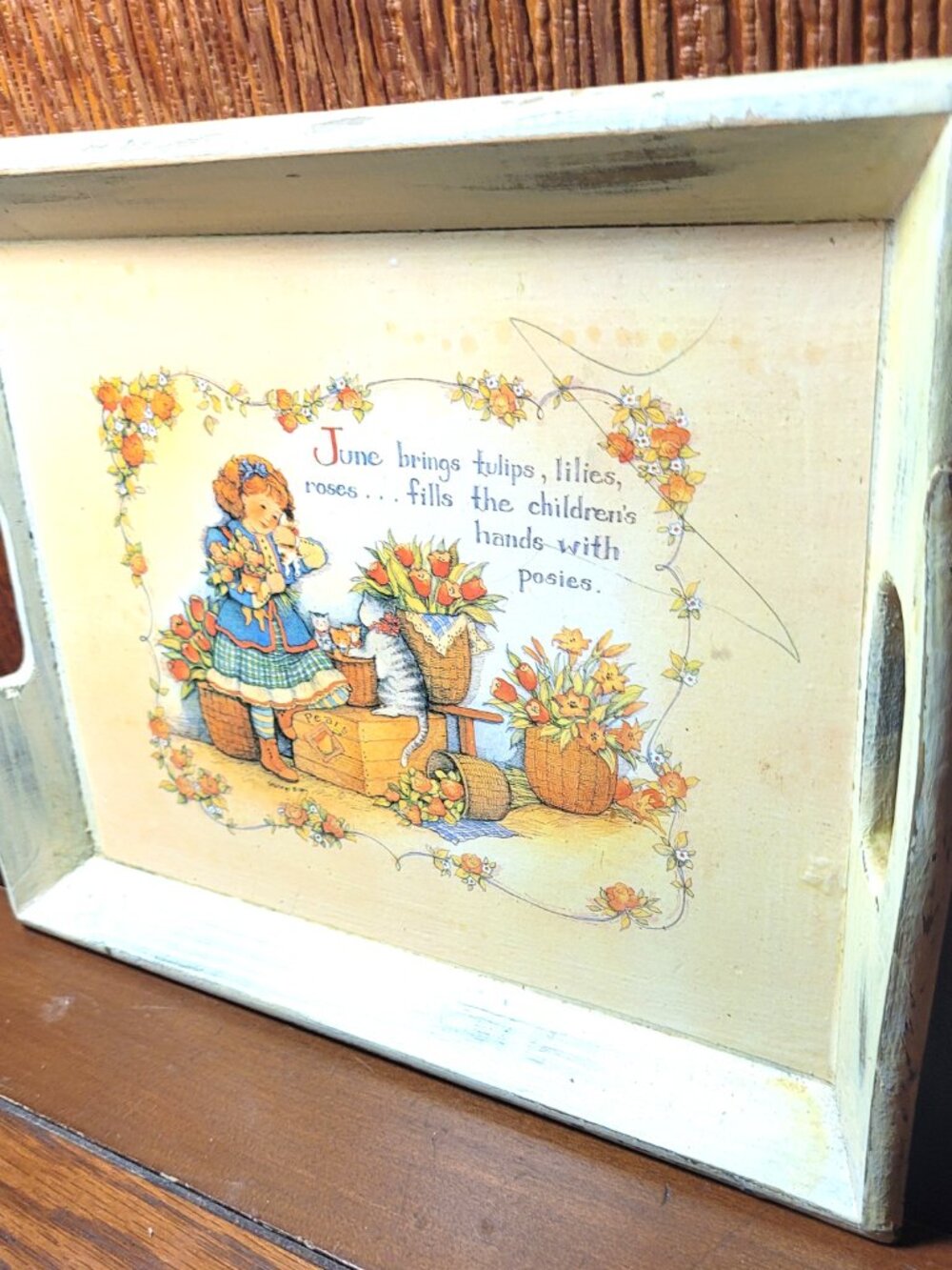 Shabby Chic Wooden Serving Tray Cottagecore June Poem Cat Decor 1977 Art